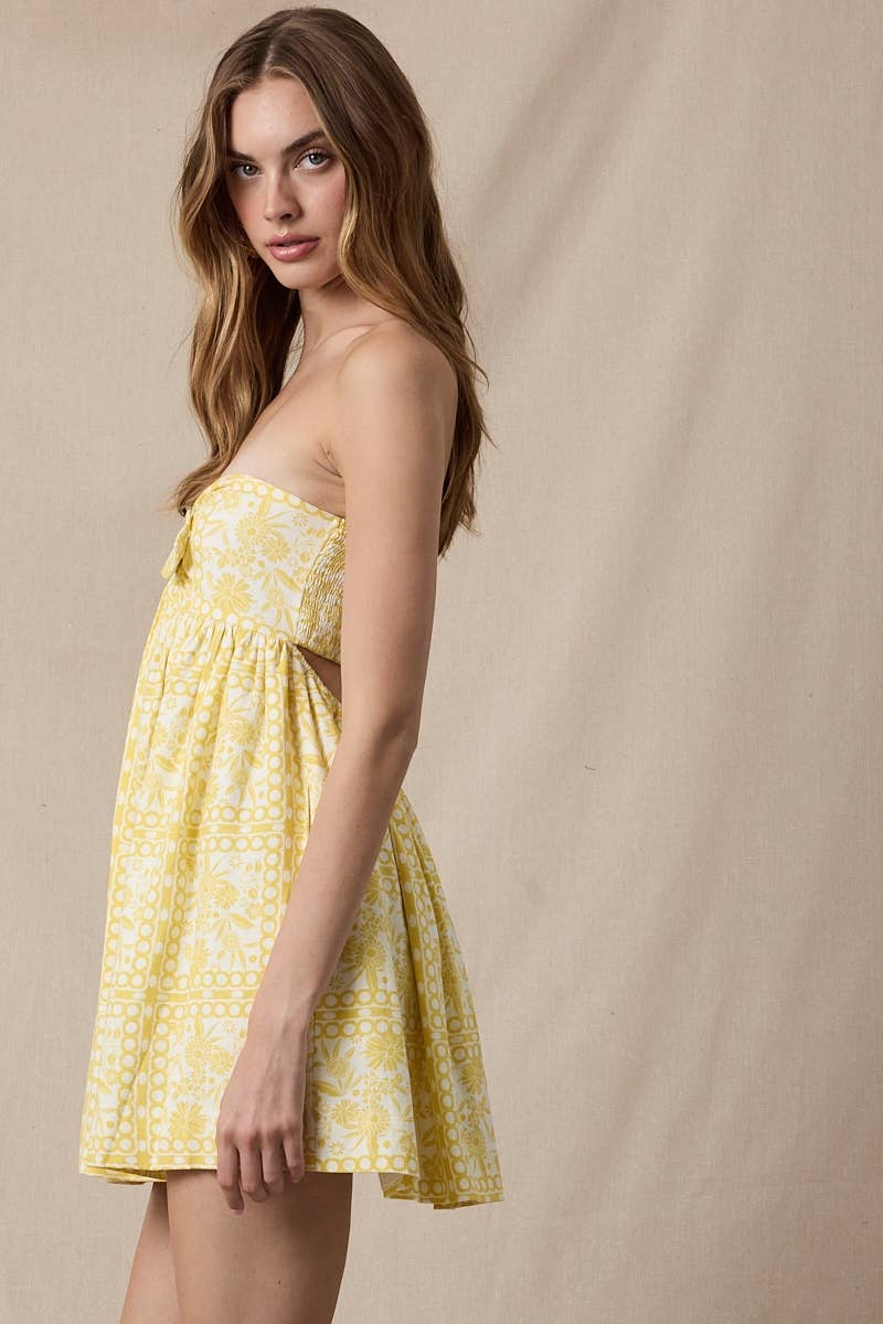 VINTAGE FLORAL OPEN BACK BAND SWING MINI DRESS: YELLOW FL FRAMED PR / S