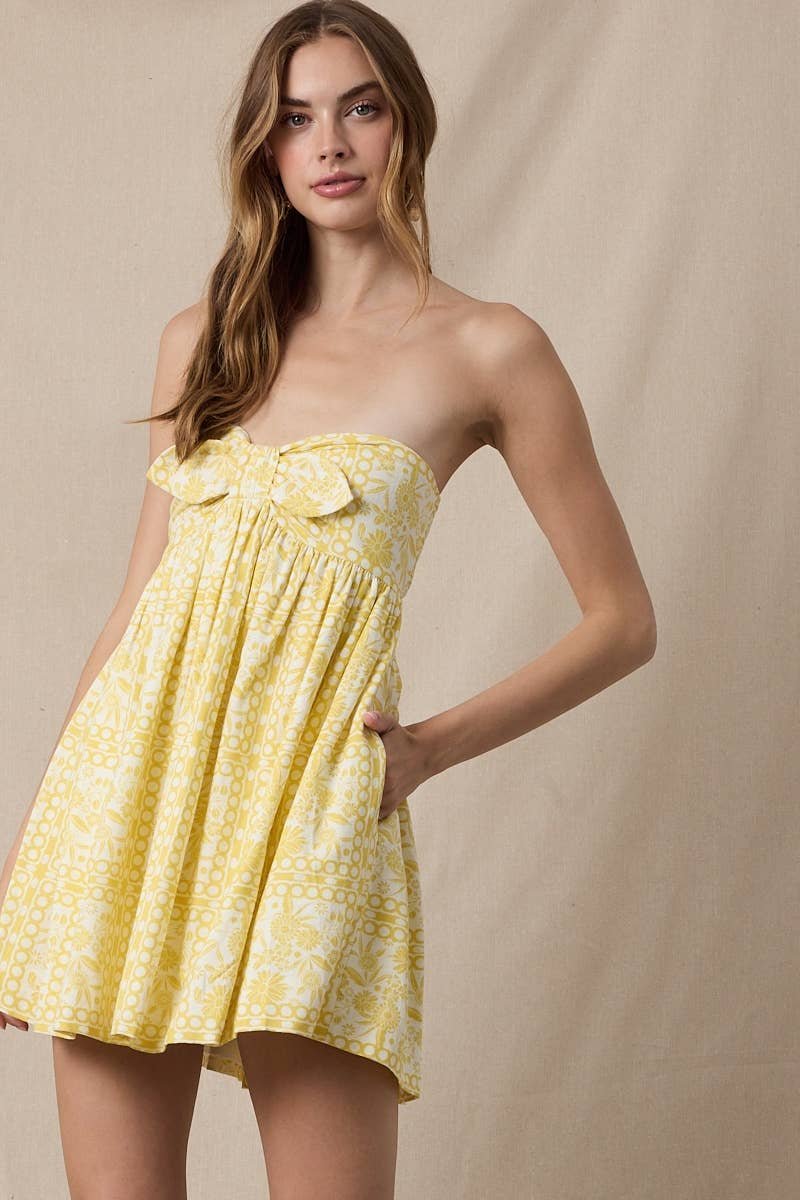 VINTAGE FLORAL OPEN BACK BAND SWING MINI DRESS: YELLOW FL FRAMED PR / S