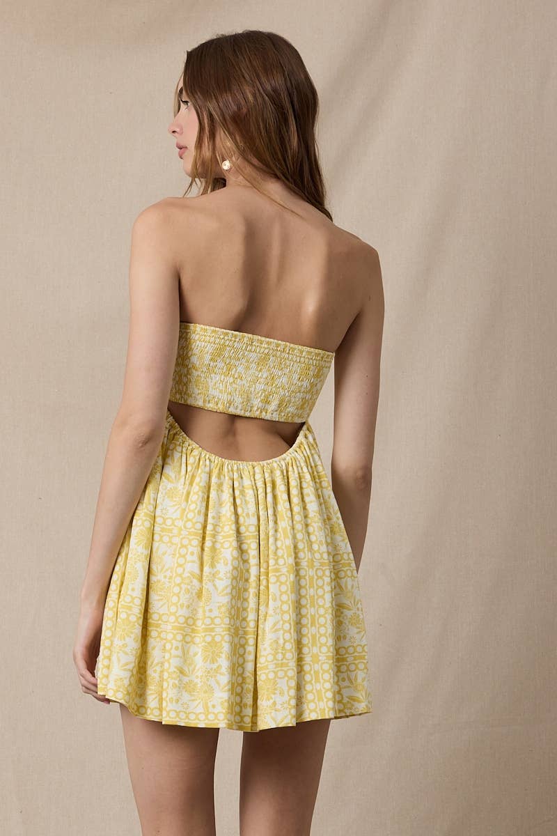 VINTAGE FLORAL OPEN BACK BAND SWING MINI DRESS: YELLOW FL FRAMED PR / S