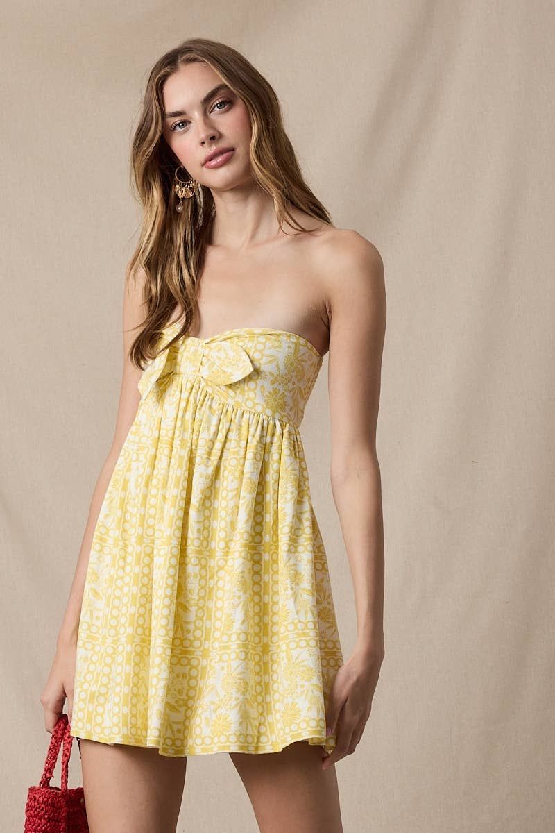 VINTAGE FLORAL OPEN BACK BAND SWING MINI DRESS: YELLOW FL FRAMED PR / S